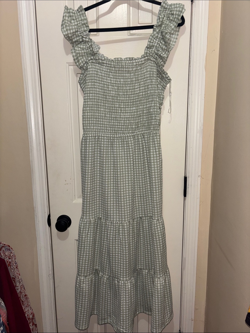 Smocked Ruffle Strap Maxi Dress - Sage Gingham